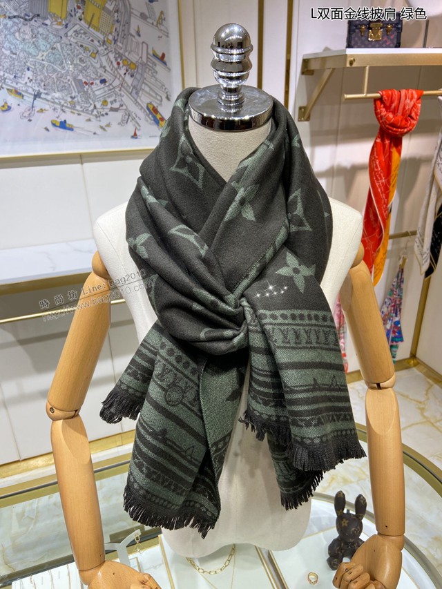 Louis Vuitton圍巾 路易威登2021新款羊絨保暖雙面圍巾 LV老花金線披肩  mmj1095